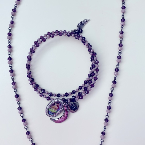 💜CRYSTAL BEADED Necklace & Bracelet Set in Smoky Purple with iridescent charms - Picture 2 of 6